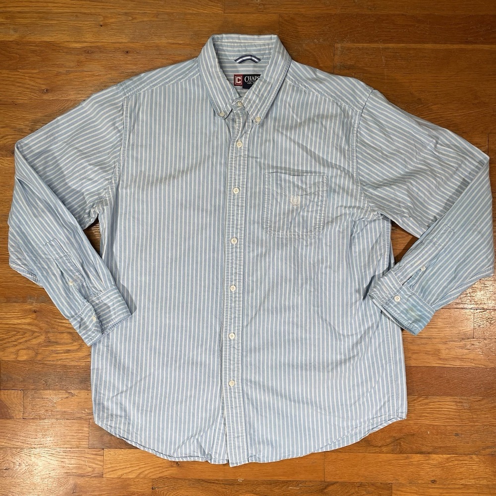 Chaps Mens Button Down Shirt L Light Blue Striped Long Sleeve Cotton